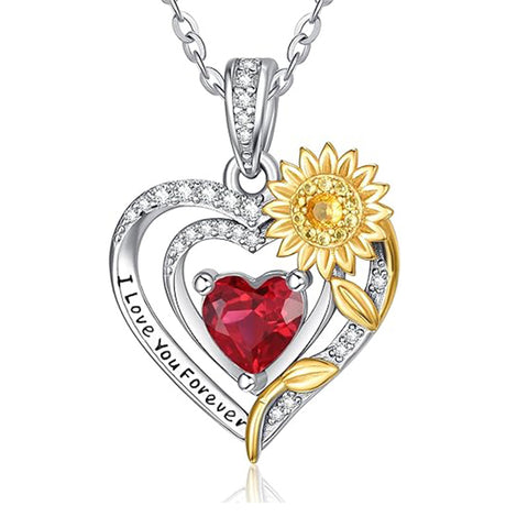 Sterling Silver Heart Birthstone Sunflower Pendant Necklace Engraved with I Love You Forever