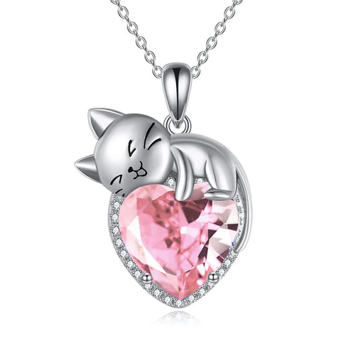 Sterling Silver Cat Necklace with Birthstone Animal Cat Pendant Heart Necklace for Women Girls