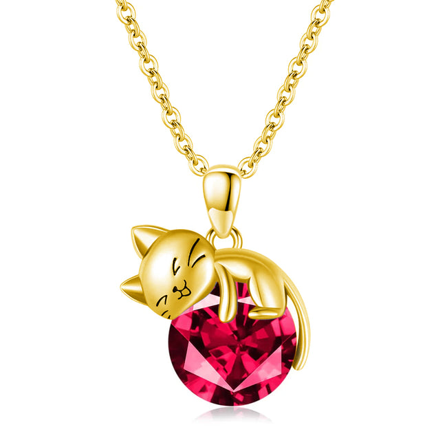 14K Gold Cat Necklace with Birthstone Cat Pendant Necklace Gift for Women
