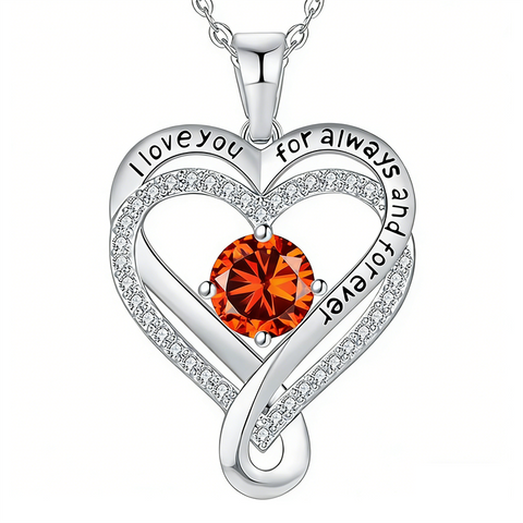 Sterling Silver 12 Month Birthstone Double Heart Pendant Necklace  Engraved with I Love You for Always and Forever