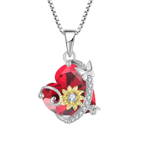 Butterfly Sunflower Heart Necklace 925 Sterling Silver Cubic Zirconia Birthstone Pendant Jewelry Birthday Gifts for Girls Wife Her