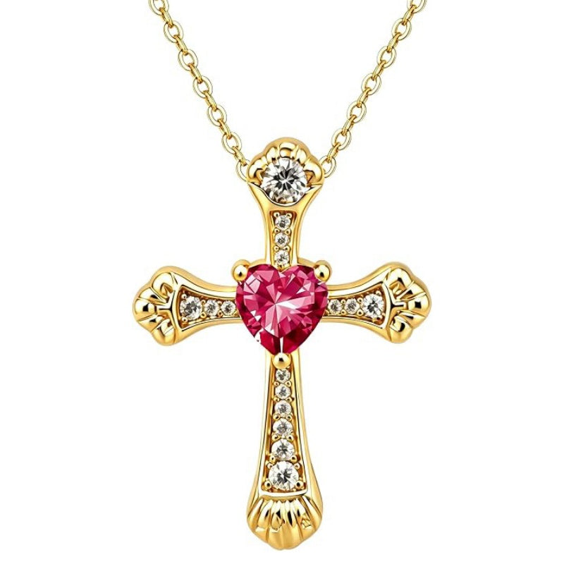 14K Gold Plated Heart Cut Cubic Zirconia Cross  Pendant Necklace For Women Religious Faith Jewelry