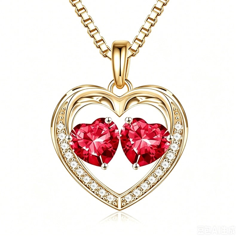 14K Gold Plated Double Heart Birthstone Necklace Anniversary Birthday Gifts for Women