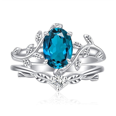 Sterling Silver Oval Shaped  Leaf Gemstone Engagement Rings Set for Women