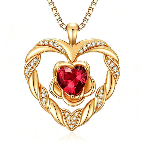 14K Gold Plated  Birthstone Rose Flower Heart Necklaces for Women  Birthday Christams Valentine's Day Jewelry Gift