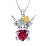 14K Gold Heart Birthstone Highland Cow Pendant Necklace