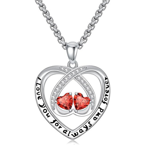Sterling Silver Double Heart Birthstone Pendant Necklace Engraved with I Love You for Always and Forever