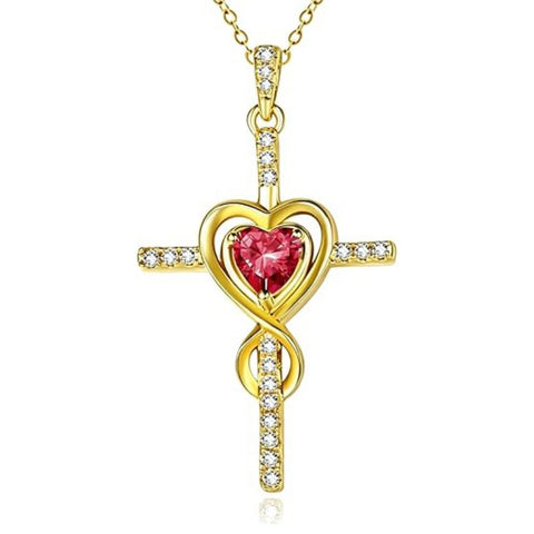 14K Gold Plated Dainty Heart Birthstone Pendant Cross Necklace for Women Religious Gift