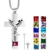 Stainless Steel Birthstones Urn Necklaces for Ashes Cross Cremation Pendant for Men Women Memorial Keepsake Jewelry