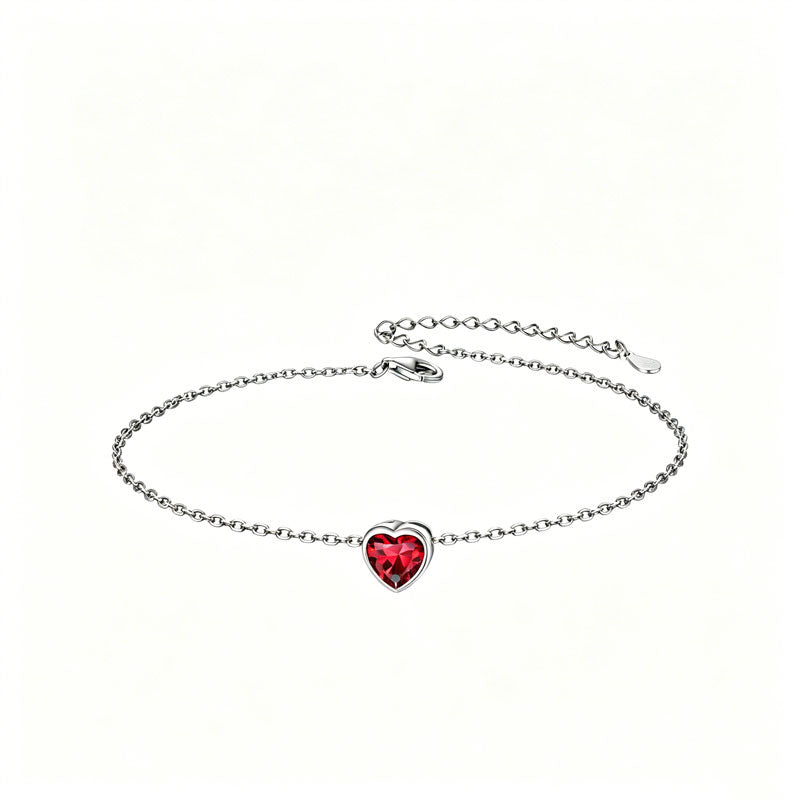 Sterling Silver Simple Dainty Round Heart Birthstone Single Layer Charm Anklet