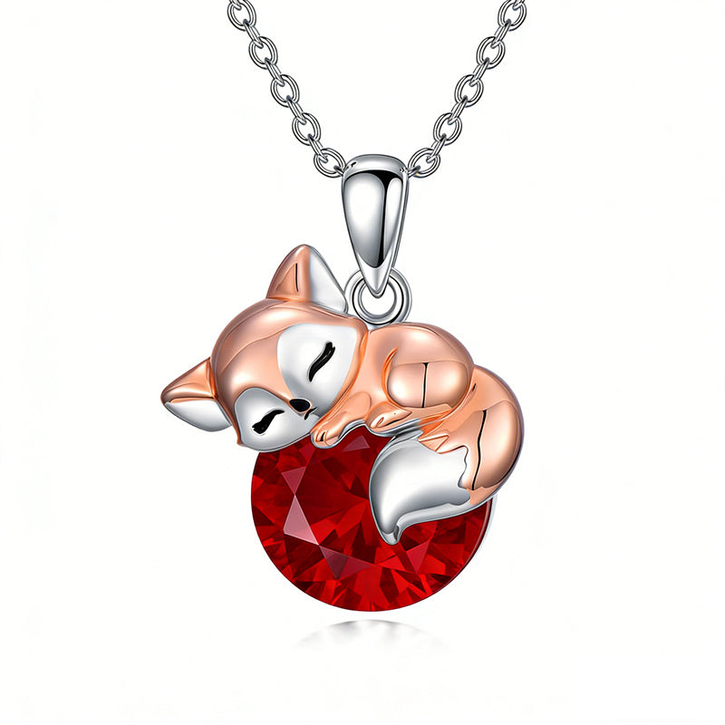 Sterling Silver 12 Month Birthstone Fox Pendant Necklace for Women