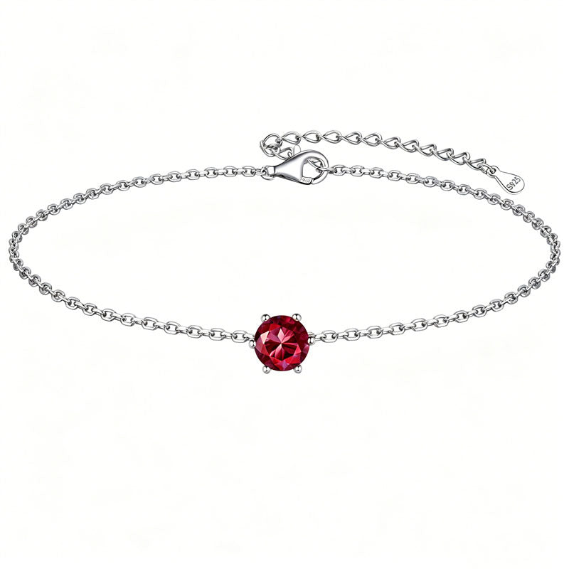 Sterling Silver Simple Dainty Round Heart Birthstone Single Layer Charm Anklet