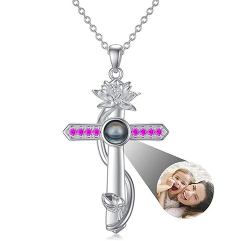 Sterling Silver Cross 100 Languages 12 Month Birthstone Birth Month Flower Pendant Necklace