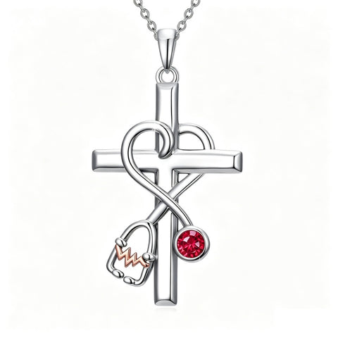 14K Gold Plated  Birthstone Stethoscope Cross Necklace Graduation Gifts for Women RN