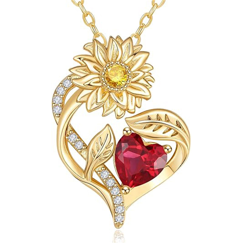 Sterling Sliver Birthstone Love Heart & Sunflower Pendant Necklace Engraved With You Are My Sunshine