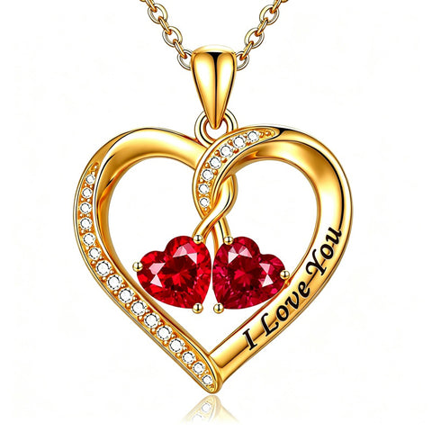 14K Gold Plated Double Heart Birthstone Rose Pendant Necklace for Women
