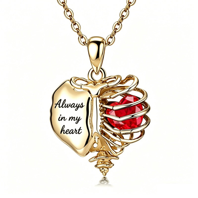 14K Gold Plated  Heart Birthstone Skeleton Necklace With Engraved
