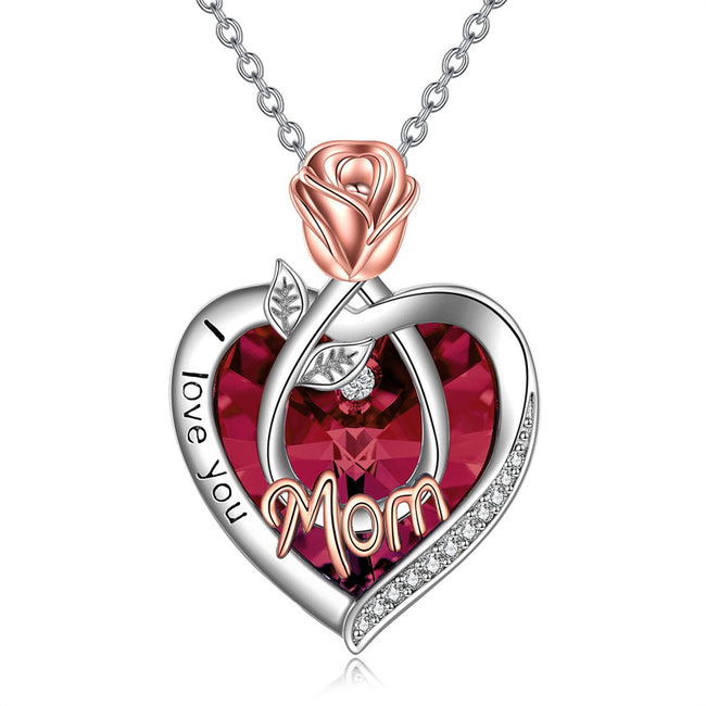 925 Sterling Silver Crystal Jewelry I Love You Mom Necklace Rose Flower Love Heart Pendant Necklace for Women