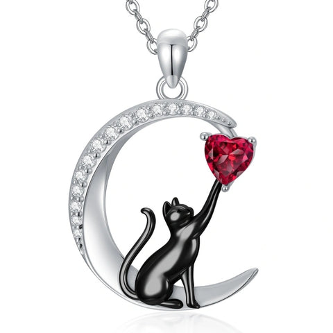 Sterling Silver Heart Birthstone Cat Pendant Necklace