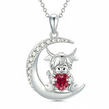 Sterling Silver Round Heart Birthstone Highland Cow Pendant Necklace Fluffy Cow Jewelry Gifts Birthday Christmas