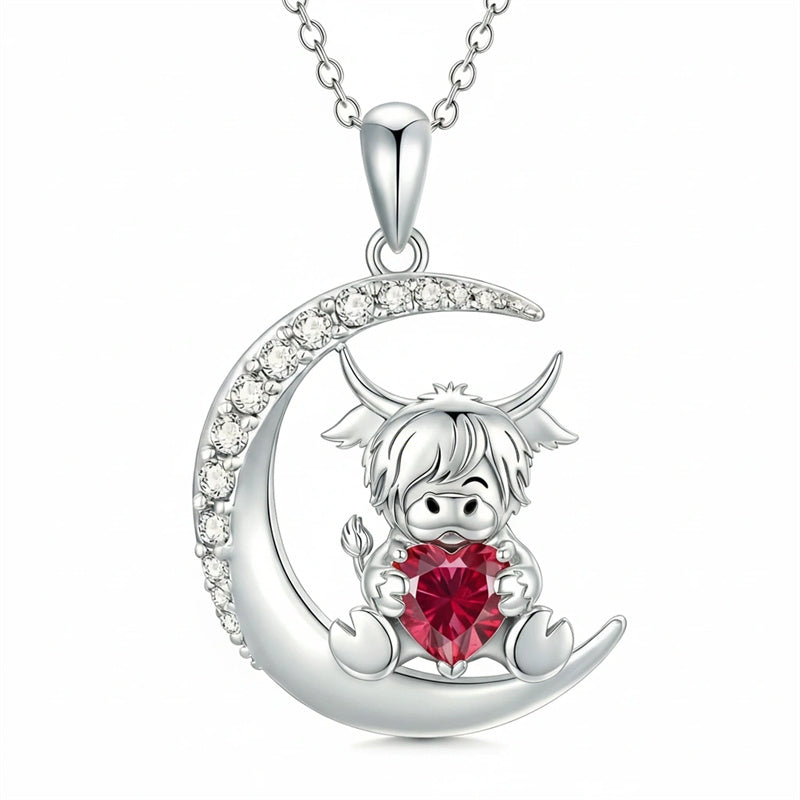 Sterling Silver Round Heart Birthstone Highland Cow Pendant Necklace Fluffy Cow Jewelry Gifts Birthday Christmas