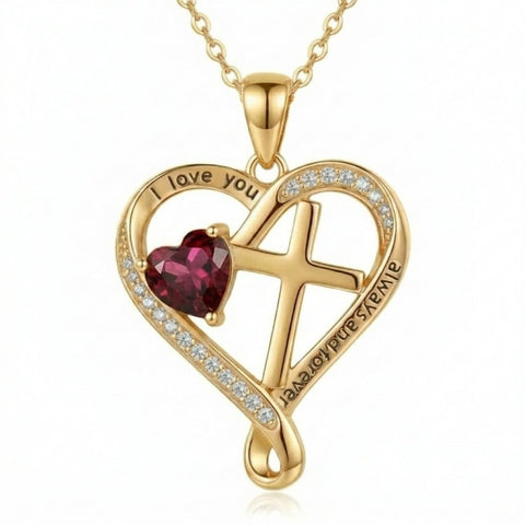 14K Gold Plated Heart  Birthstone Cross Necklace Engraved with I Love You Always and Forever