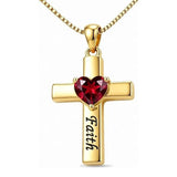 14K Gold Plated Heart Birthstone Cross Necklace for Women Engraved with Faith