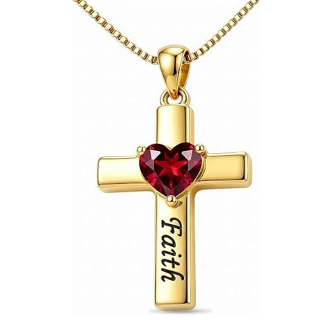 14K Gold Plated Heart Birthstone Cross Necklace for Women Engraved with Faith