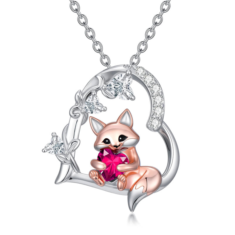 Sterling Silver Heart Birthstone Fox Pendant Necklace
