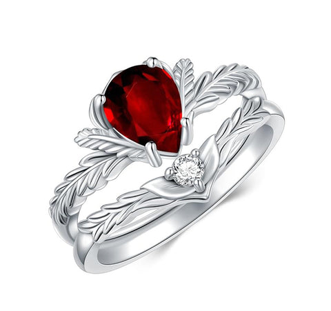 Sterling Silver Pear Cut Vine Leaf Gemstone Engagement Rings Set for Women