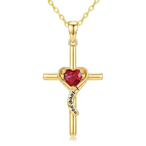 14K Gold Plated Dainty Heart Birthstone Pendant Cross Necklace for Women Religious Gift