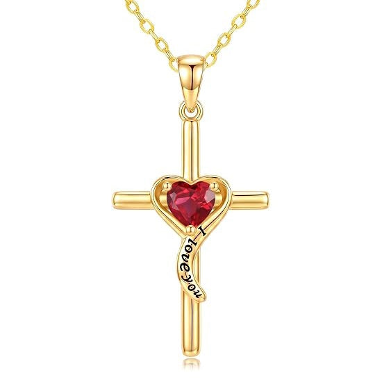 14K Gold Plated Dainty Heart Birthstone Pendant Cross Necklace for Women Religious Gift