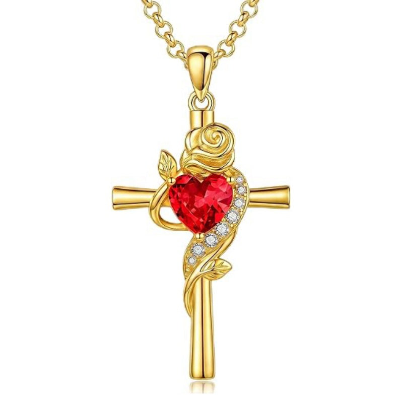14K Gold Plated Birthstone Rose Cross Necklace for Women Faith Jewelry Gift