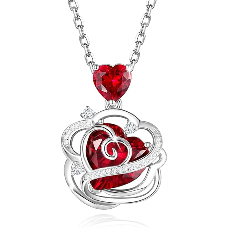 Sterling Silver Thornless Pulse Heart Birthstone  Rose Pendant Necklace