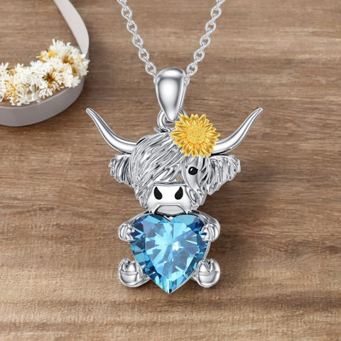 14K Gold Heart Birthstone Highland Cow Pendant Necklace