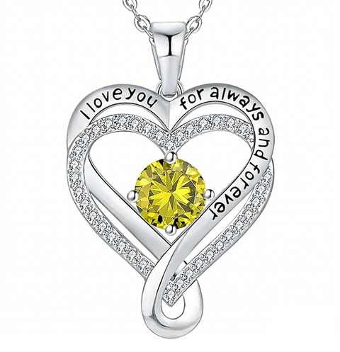 Sterling Silver 12 Month Birthstone Double Heart Pendant Necklace  Engraved with I Love You for Always and Forever