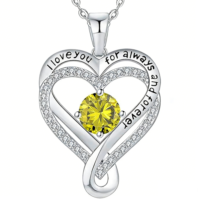 Sterling Silver 12 Month Birthstone Double Heart Pendant Necklace  Engraved with I Love You for Always and Forever