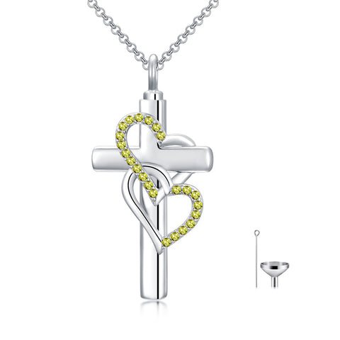 Sterling Silver Birthstone Cross Urn Necklace for Ashes