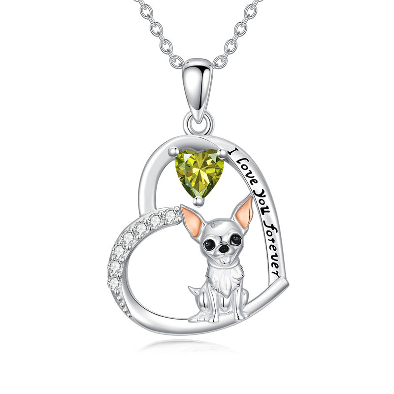 Sterling Silver 12 Month Birthstone Schnauzer Chihuahua Pitbull Pug Pendant Necklace for Women