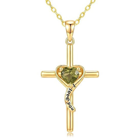 14K Gold Plated Dainty Heart Birthstone Pendant Cross Necklace for Women Religious Gift