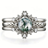 Sterling Silver 10K 14K 18K Gold 2CT Moss Agate Vine Leaf Women's Bridal Ring Sets for Wedding Engagement