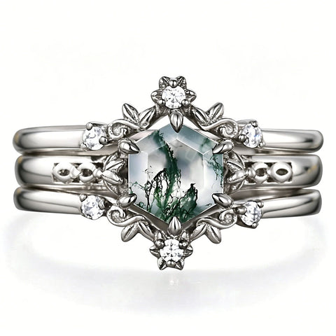 Sterling Silver 10K 14K 18K Gold 2CT Moss Agate Vine Leaf Women's Bridal Ring Sets for Wedding Engagement