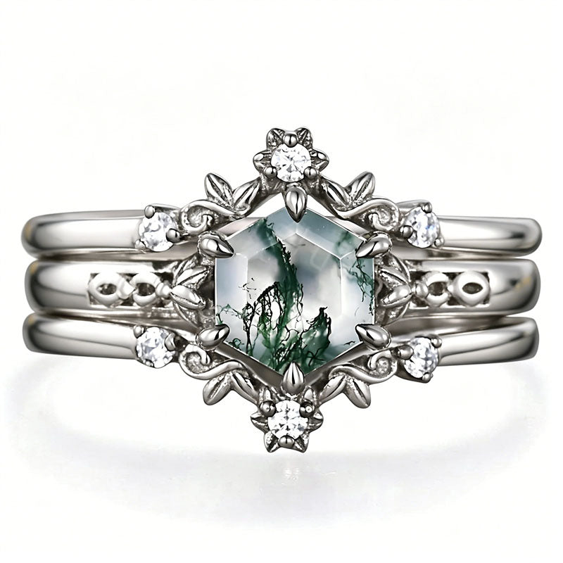 Sterling Silver 10K 14K 18K Gold 2CT Moss Agate Vine Leaf Women's Bridal Ring Sets for Wedding Engagement