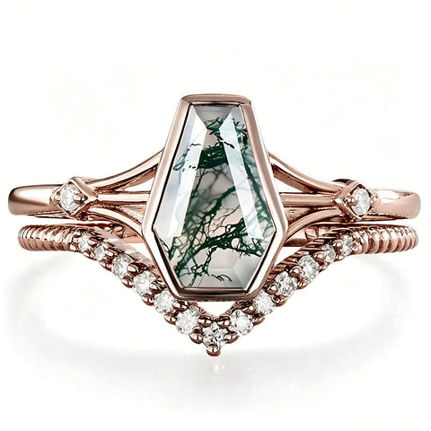 Sterling Silver 10K 14K 18K Gold 2CT Moss Agate Vine Leaf Women's Bridal Ring Sets for Wedding Engagement