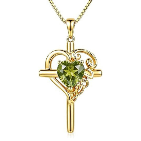 14K Gold  Plated Heart Shape Birthstone  Love Cross Necklace for Women Religious Jewelry