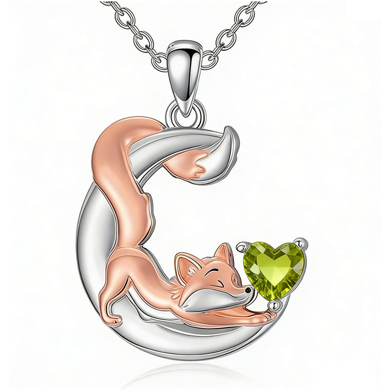 Sterling Silver 12 Month Birthstone Fox Pendant Necklace for Women