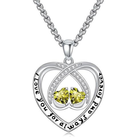 Sterling Silver Double Heart Birthstone Pendant Necklace Engraved with I Love You for Always and Forever