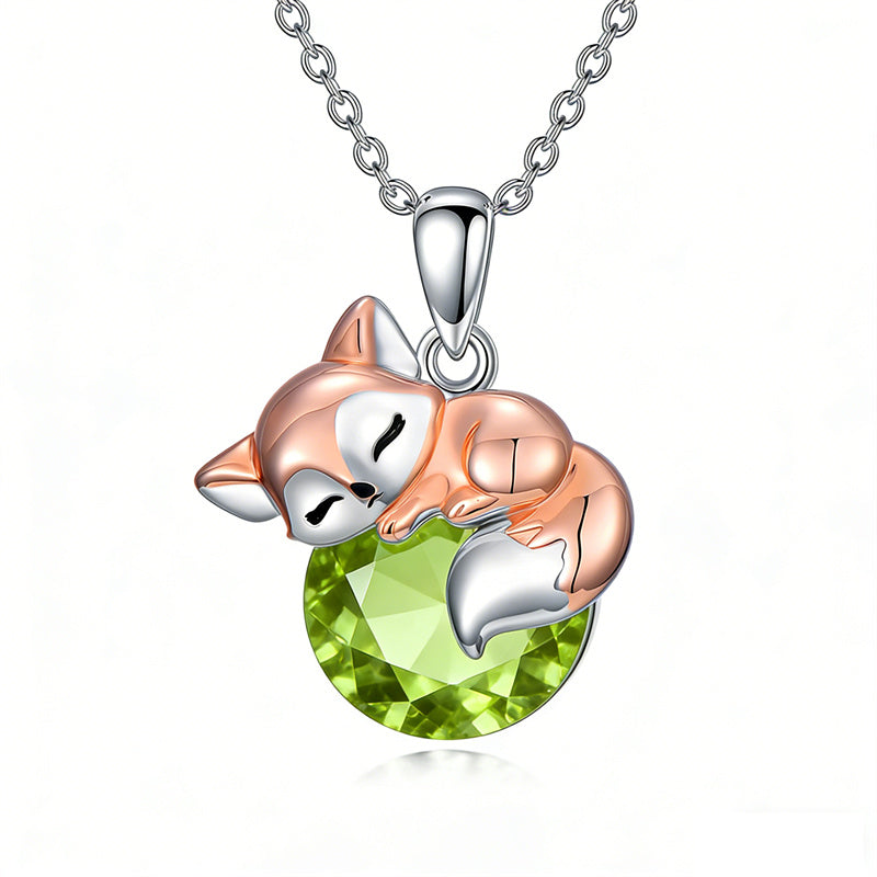 Sterling Silver 12 Month Birthstone Fox Pendant Necklace for Women