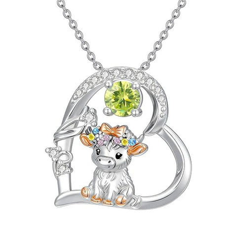 Sterling Silver Round Heart Birthstone Highland Cow Pendant Necklace Fluffy Cow Jewelry Gifts Birthday Christmas