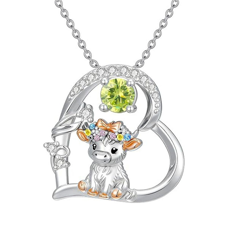 Sterling Silver Round Heart Birthstone Highland Cow Pendant Necklace Fluffy Cow Jewelry Gifts Birthday Christmas